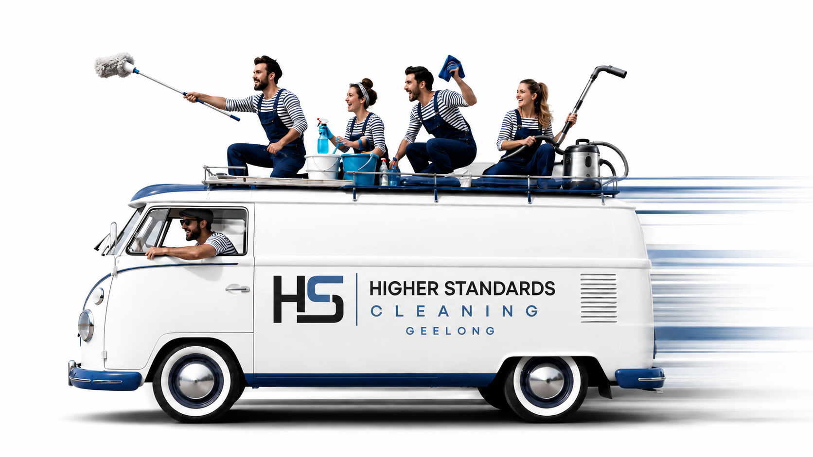 Illustration of the Higher Standards Cleaning team travelling in a branded van